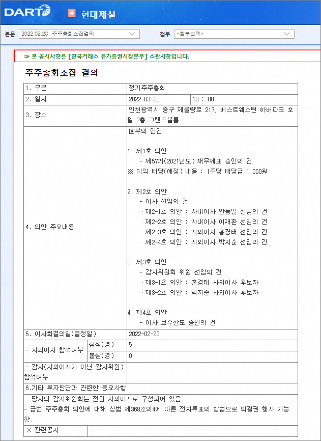 전자공시시스템 내 주주총회소집 결의 예시, 2021년 결산